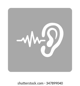 Listen vector icon. Style is flat rounded square button, white and silver colors, white background.