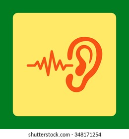 Listen vector icon. Style is flat rounded square button, orange and yellow colors, green background.