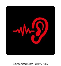 Listen vector icon. Style is flat rounded square button, intensive red and black colors, white background.