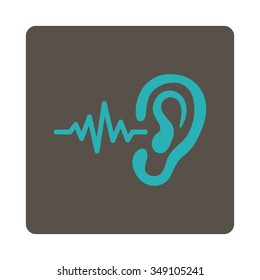Listen vector icon. Style is flat rounded square button, cyan and grey colors, white background.
