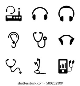 listen vector icons. Set of 9 listen filled icons such as stethoscope, mp3 player, ear, earphones, listening device