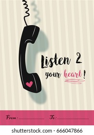 Listen to your heart design / Handset with cable and pink heart / Telephone icon. Old classic phone/ Vector illustration design. 
