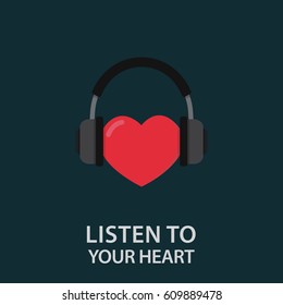 Listen To Your Heart Illustration. Headphone with Heart Shape