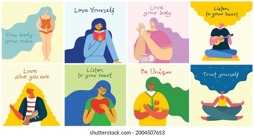 Listen to your heart. Love yourself. Vector lifestyle concept card with text don t forget to love yourself in the flat style