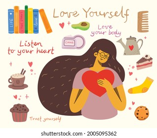 Listen to your heart. Love yourself. Vector lifestyle concept card with text don t forget to love yourself in the flat style