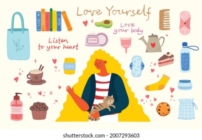 Listen to your heart. Love yourself. Vector lifestyle concept card with text don t forget to love yourself in the flat style