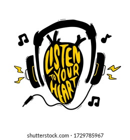 Listen to your heart. quote lettering. Vector illustration with hand-drawn lettering. Premium vector lettering. 