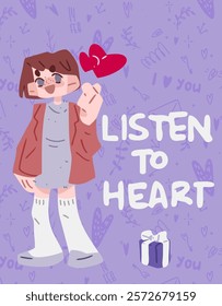 Listen to Your Heart Valentine Illustration.  Playful Valentine's Day illustration featuring a cheerful character, hand-drawn elements, a red heart, and the text on a purple background.