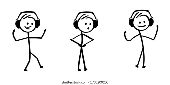 Listened music note Happy smile stickman emoji icons Funny comic walk stick figures man, woman Vector communication emotions sign drawing talking cartoon person Headphone, listen to sound notes, love