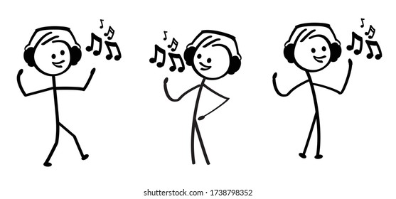 Listened music note Happy smile stickman emoji icons Funny comic walk stick figures man, woman Vector communication emotions sign drawing talking cartoon person Headphone, listen to sound notes, love 