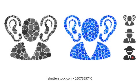 Listener composition of filled circles in different sizes and color hues, based on listener icon. Vector filled circles are composed into blue collage. Dotted listener icon in usual and blue versions.