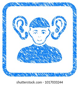Listener Guy rubber stamp watermark. Icon vector symbol with scratched design and unclean texture in rounded square frame. Scratched blue sticker. Male face has enjoy mood.