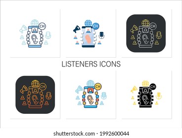 Listeners icons set. Listening lecture. Hearing voice messages. Abstract communication room with friends. Collection of icons in linear, filled, color styles.Isolated vector illustrations