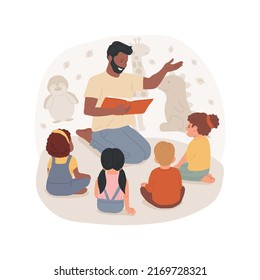 Listening to an adult isolated cartoon vector illustration. Children sit in a circle, kids group listen to teacher, early education, autism child care center, behavior therapy vector cartoon.