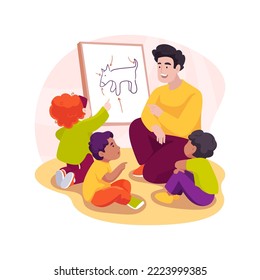 Listening to an adult isolated cartoon vector illustration. Children sit in a circle, kids group listen to teacher, early education, autism child care center, behavior therapy vector cartoon.