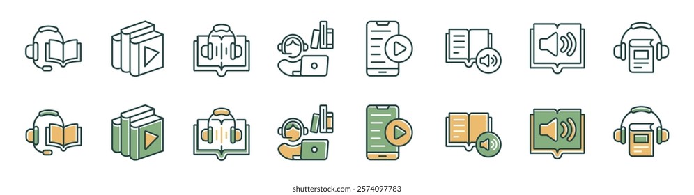 listening audio book education icon set online learning play media podcast listening with earphone signs vector illustration