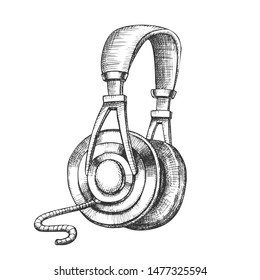 Listening Audio Device Cable Headphones Ink Vector. Electronic Gadget Headphones With Cord For Listen Instrumental Music. Stereo Earphone For Philarmonic Hand Drawn In Vintage Style Illustration