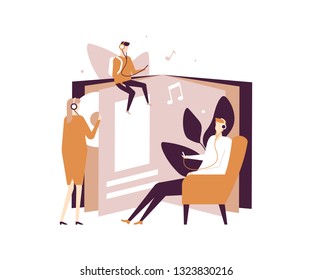 Listening to audiobooks - flat design style illustration on white background. Quality composition with characters, adults and a child in headsets, enjoying books, literature. Leisure and education
