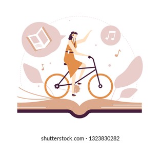 Listening to audiobooks - flat design style illustration on white background. Quality brown composition with a young woman in headset cycling and enjoying literature, images of books and notes
