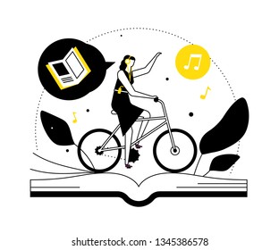 Listening to audiobooks - flat design style illustration. High quality black, white and yellow composition with a young woman in headset cycling and enjoying literature, images of books and notes