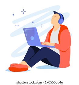 Listening to audiobooks - flat design style illustration on white background. Quality composition with a young man in headset sitting at home and enjoying a book from the laptop.