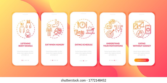 Listening body signals onboarding mobile app page screen with concepts. Eating without gadgets and schedule walkthrough 5 steps graphic instructions. UI vector template with RGB color illustrations