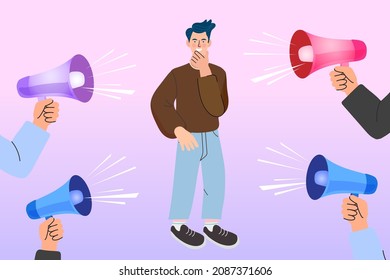 Listening to calls from all around. Stress at work. Many megaphone Shouting at Businessman. motivation and many others. comprehensive data analysis. vector illustration