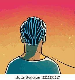 Listening to calm, relaxing music. Meditating. Calm, peaceful, atmospheric and colorful digital artwork. Lofi , chill style. Illustration Drawing Cartoon Vector.