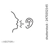 listening carefully speaker icon, social communication, attentive man speaking, whispering in ear, thin line symbol isolated on white background, editable stroke eps 10 vector illustration