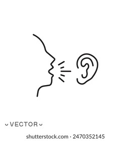 listening carefully speaker icon, social communication, attentive man speaking, whispering in ear, thin line symbol isolated on white background, editable stroke eps 10 vector illustration