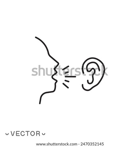 listening carefully speaker icon, social communication, attentive man speaking, whispering in ear, thin line symbol isolated on white background, editable stroke eps 10 vector illustration