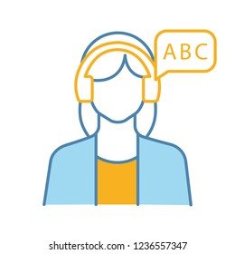 Listening color icon. Basic language skills. Audio book. Listening to music. Woman with headphones. Training course. Isolated vector illustration