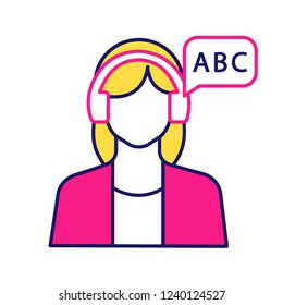 Listening color icon. Basic language skills. Audio book. Listening to music. Woman with headphones. Training course. Isolated vector illustration