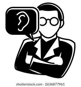 Listening Ear icon represented by Therapist, ear Black Filled style.