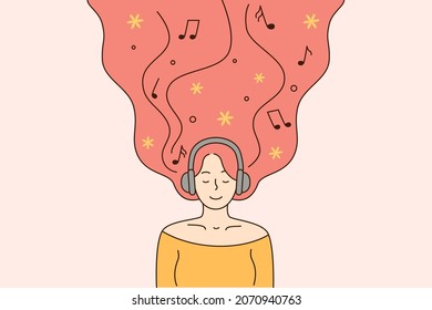 Listening to favourite mesic and freedom concept. Young smiling woman with long red hair in headphones listening to music with eyes closed vector illustration 