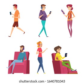 Listening headset music. Characters male and female relaxing on sofa or couch happy persons laying vector cartoon people