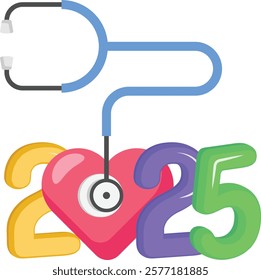 Listening to the Heartbeat of Twenty Twenty Five concept, stethoscope with earpieces forming vector icon design 2025 Checkup Complete sign, festive holiday season symbol, new year party illustration