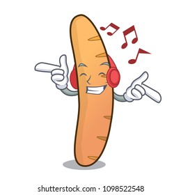 Listening music baguette mascot cartoon style