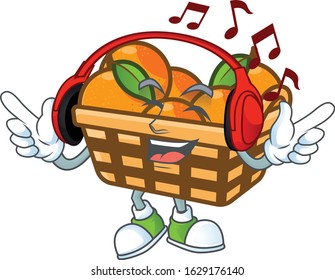 Listening music basket oranges mascot cartoon character design