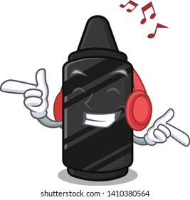 Listening music black crayon above mascot wood table