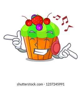 Listening music black currant cupcake isolated on mascot
