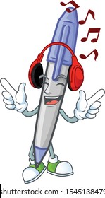 Listening music blue ballpoint in the character shape.