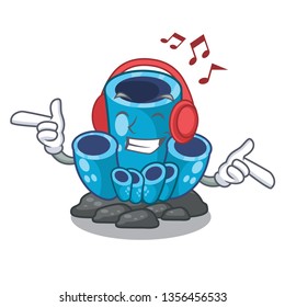 Listening music blue sponge coral isolated the mascot