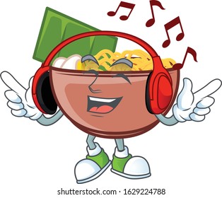 Listening music bowl of noodle mascot cartoon character design