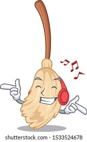 Listening music broom isolated in on the mascot
