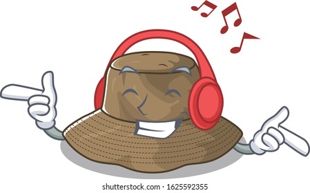Listening music bucket hat mascot cartoon character design