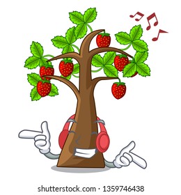 Listening music cartoon strawberry trees grow on soil