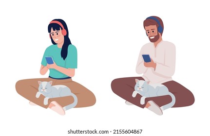 Listening to music with cat on lap semi flat color vector character set. Sitting figures. Full body people on white. Simple cartoon style illustration for web graphic design and animation