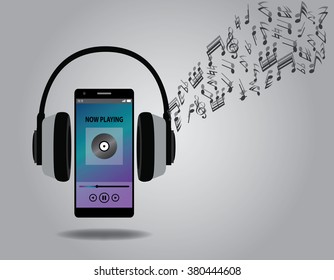 listening music with cellphone smartphone and headphone song melody vector