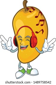 Listening music character mango fruit with cartoon mascot